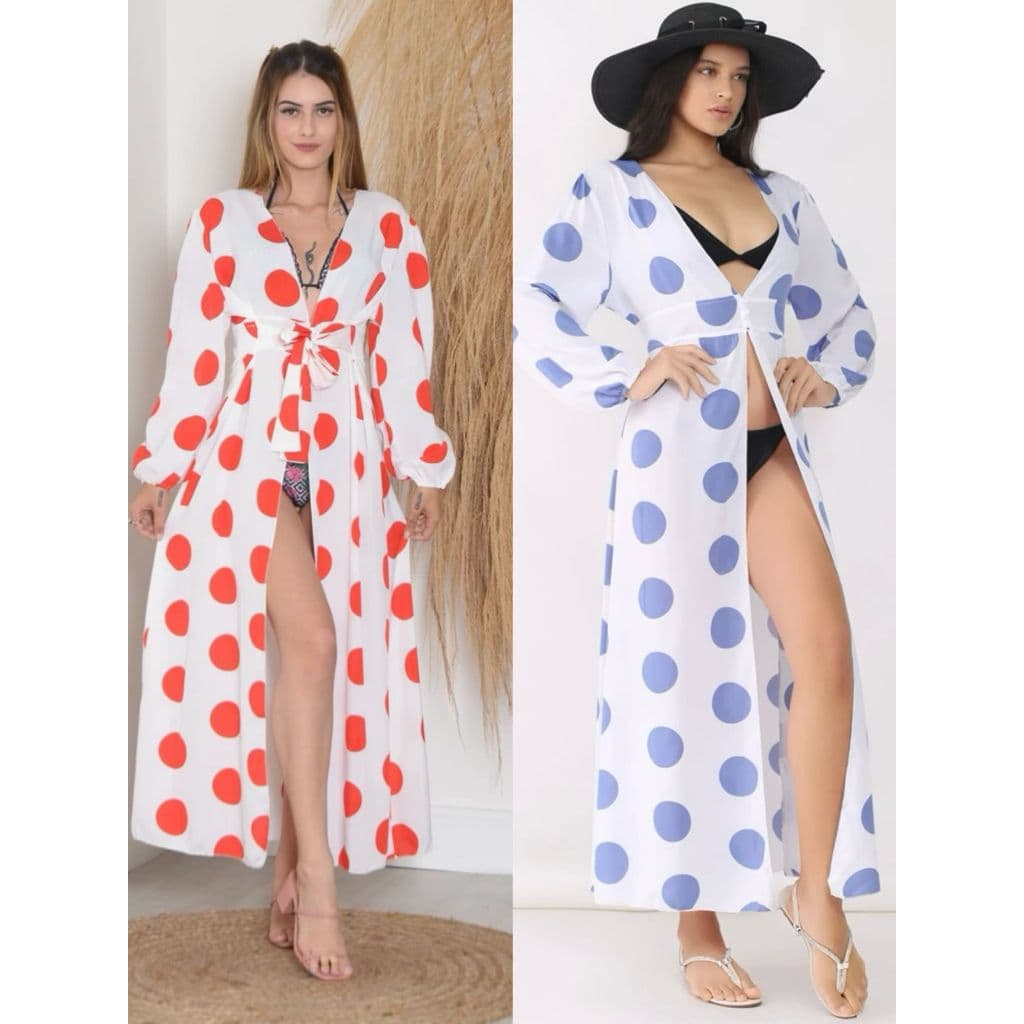 Saida De Praia Kimono Longa De Bolinhan Moda Verao