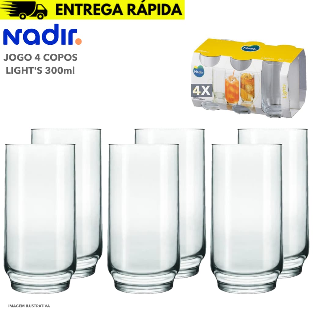 Jogo 4 Copos Multiuso Vidro Refrigerante Suco Agua Lights 300ml Nadir