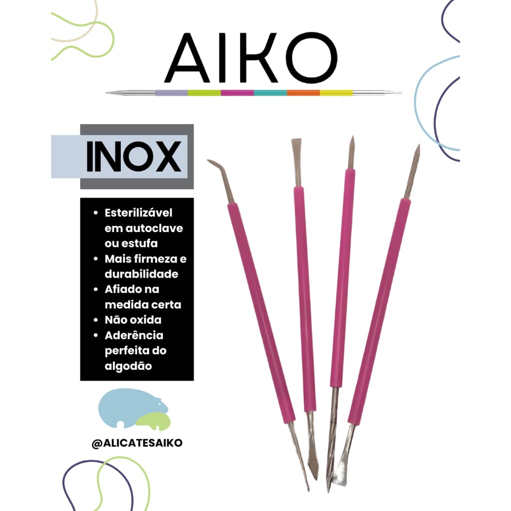 Kit Aiko 4 Instrumentos Inox Manicure Pedicure - Espátula, Palito, Desencravador, Bastão, bisturi