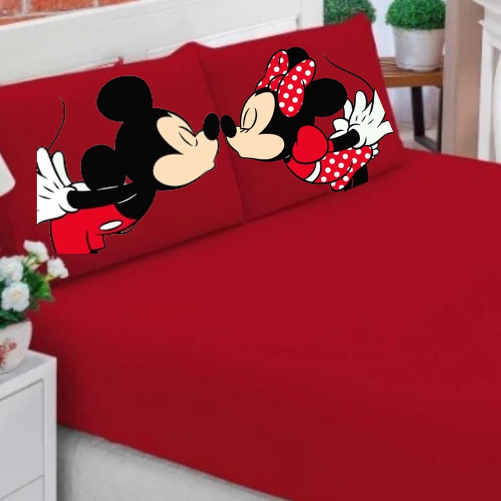 Jogo De Lençol Casal/Queen/King 3 Peças Tematico Diversos Ideal Para Cama Box - Poliester Mickey e Minnie Beijo