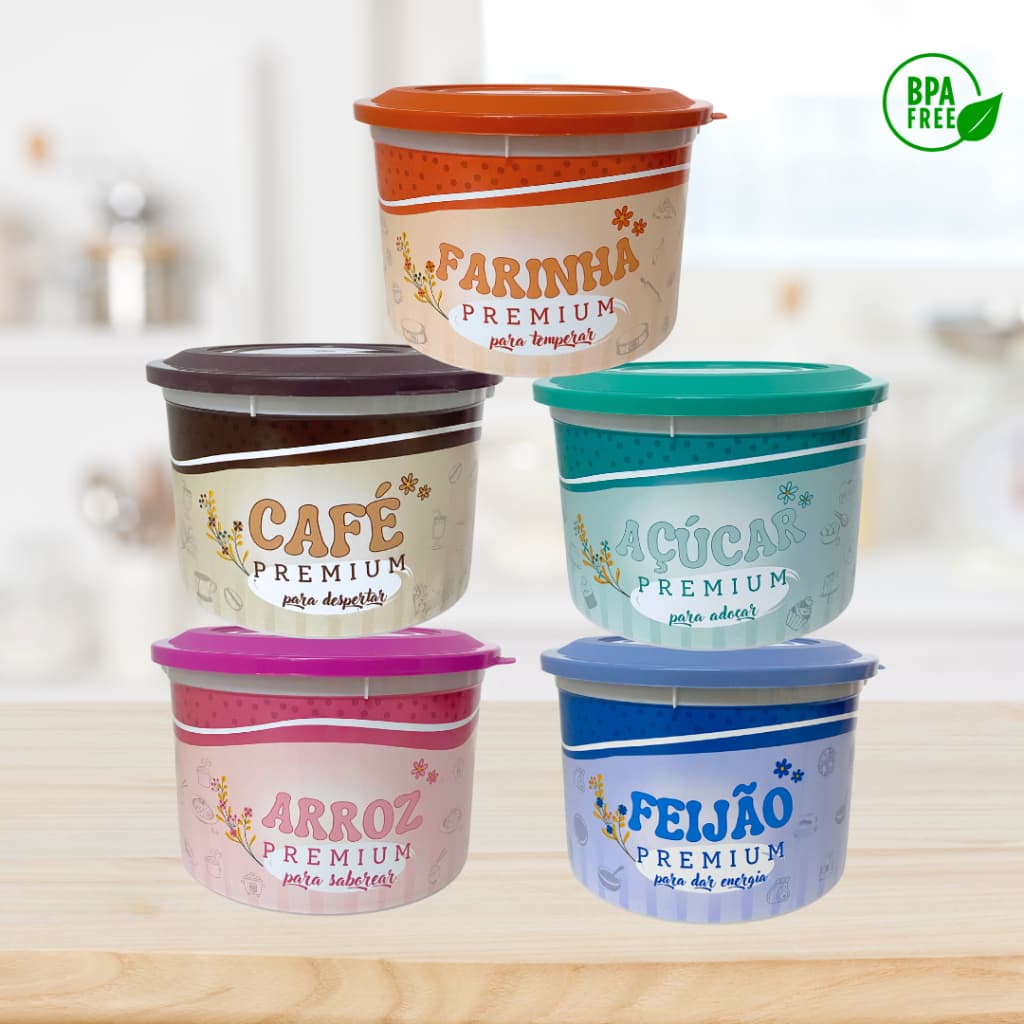 Kit 5 Potes De Mantimentos Plástico 2L - Potes Herméticos- Colorido - Porta Mantimentos