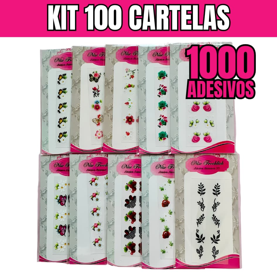 Kit 100 cartelas de adesivo de unha flores desenhos delicado variados e sortidos