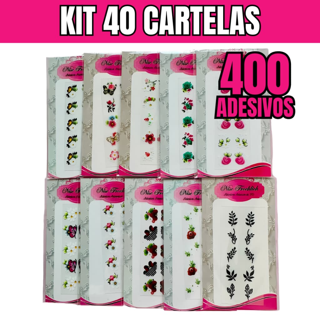 400 Adesivos de Unhas 3D Modelos Sortidos Flores Desenhos Delicados - 40 Cartelas