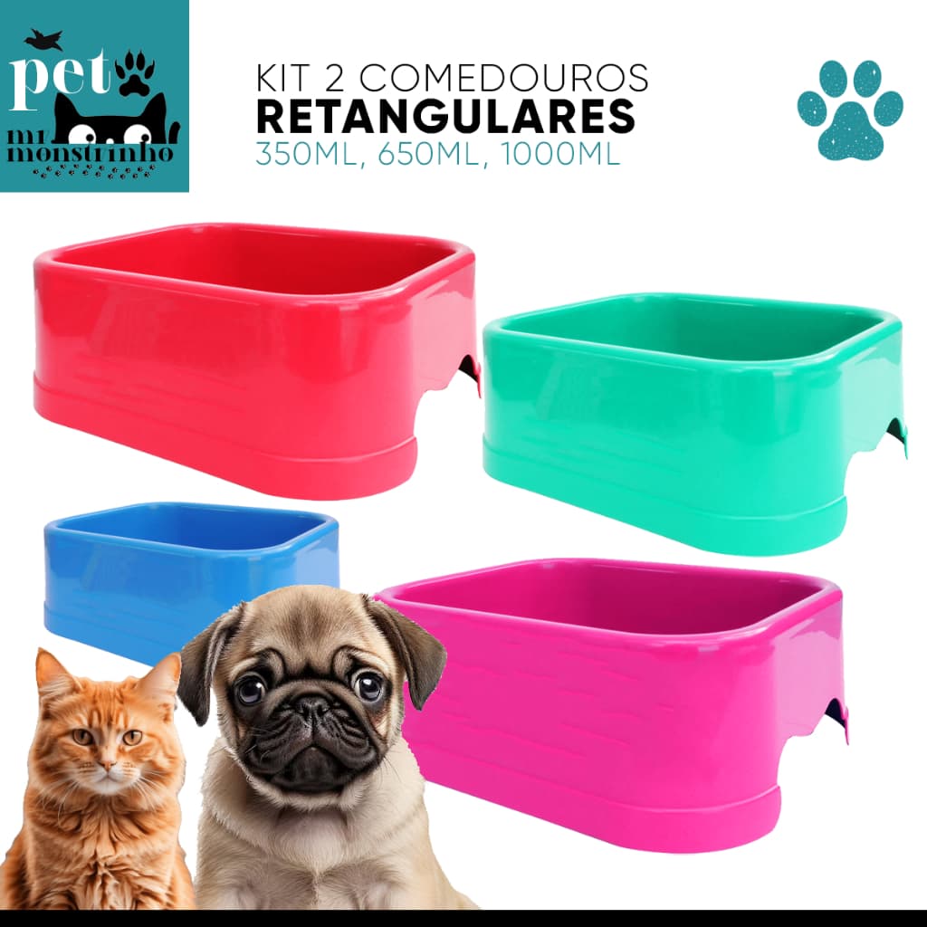 Kit Comedouro Bebedouro Retangular para Cachorro Gato - 350ml, 650ml e 1000ml