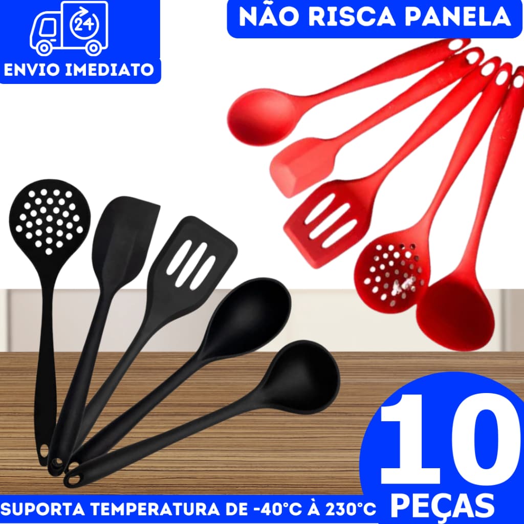 Conjunto10 Peças Silicone Kit Utensílios  2 Colher/ 2 Espátula/ 2 Espátula Vazada/ 2Concha/ 2 Escumadeira