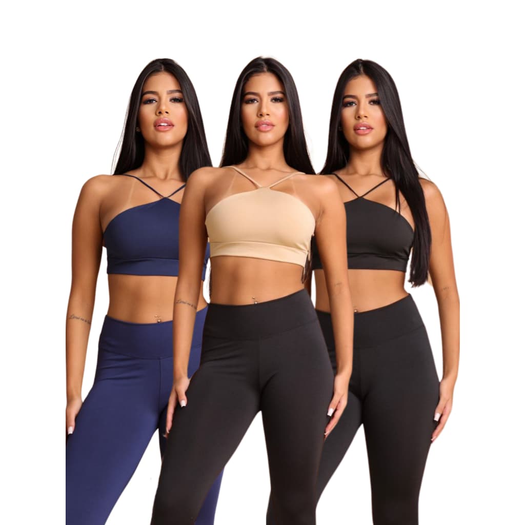 KIT 3: Top  em V Cropped Alça Fina Suplex Cores Lisas
