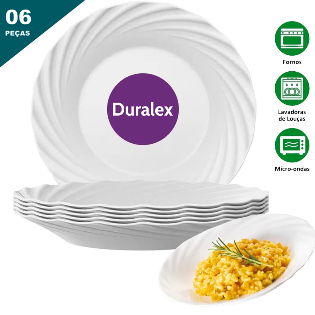 Kit 6 Pratos Jasmim Duralex – Vidro Temperado Duralex Nadir Opaline Branco Circular 23,5cm