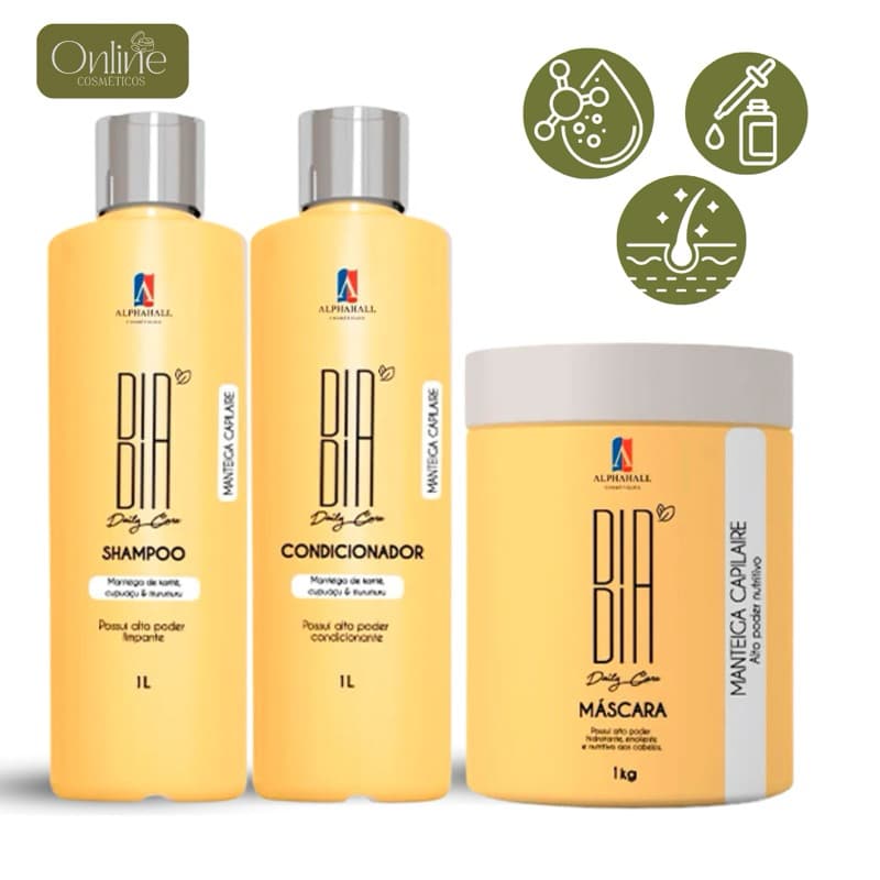 Kit Alphahall 1LT/1KG Manteiga Amarela Dia Dia 3 Itens Shampoo Condicionador Mascara De Hidratacao Nutrição