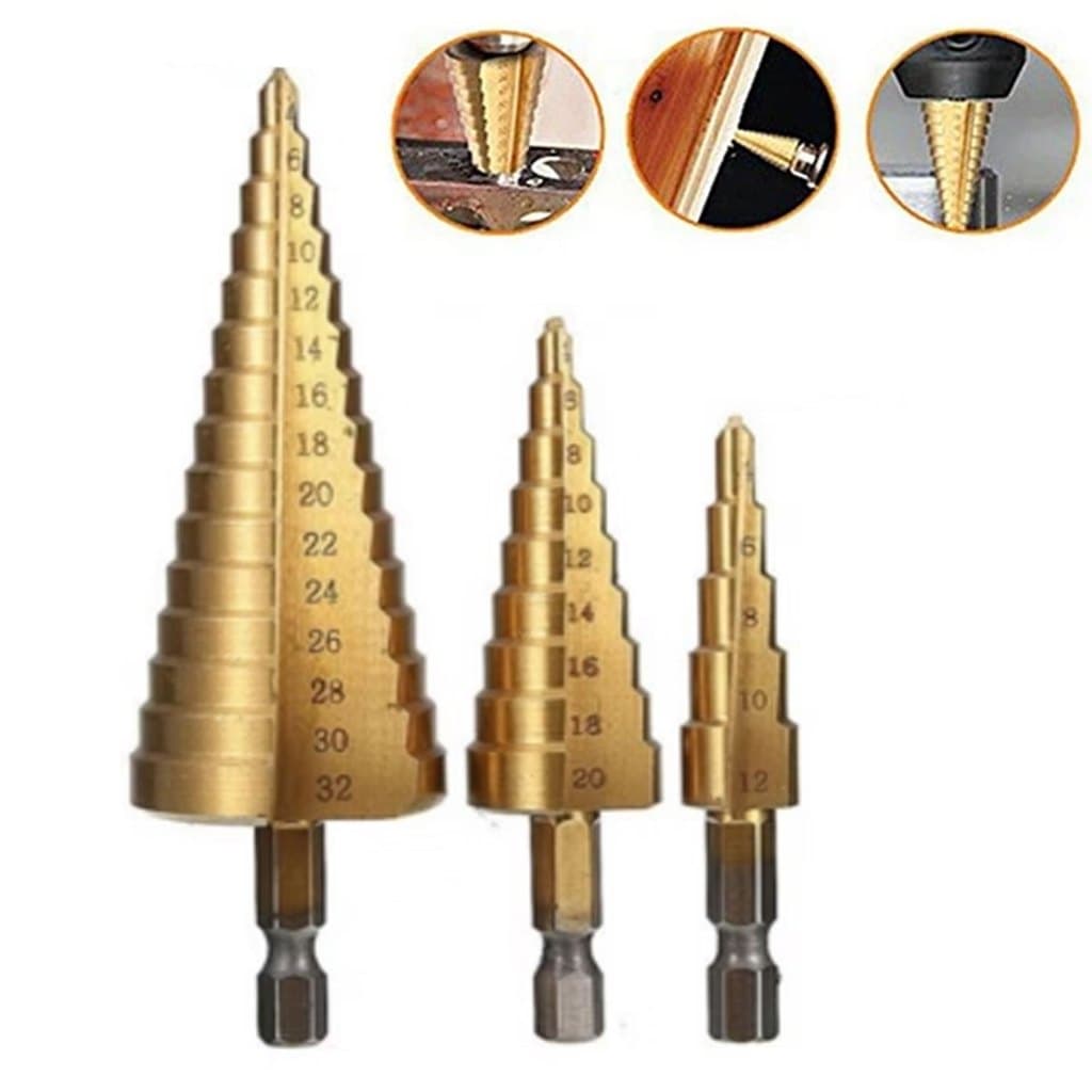 Kit 3 Brocas Cônicas Escalonadas Para Perfuração Em Metais Madeira Plástico Brocas Hexagonal Cônica