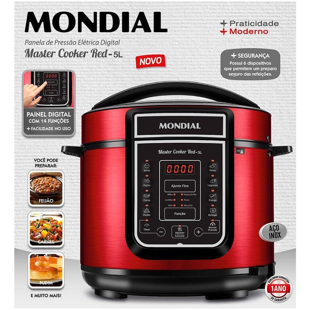Panela de Pressão Elétrica Digital 5L 900w 220v Vermelha/Preto - Mondial