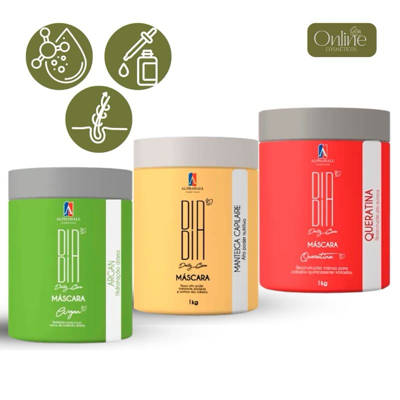 Kit Alphahall 1Kg Hidratação Argan 1Kg Nutrição Manteiga  1Kg Reconstrução Queratina Dia Dia Capilar