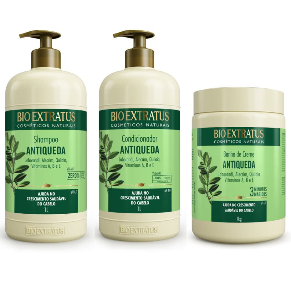 Kit Jaborandi Shampoo, Condicionador, Banho de Creme Jaborandi Bio Extratus - 1L Antiqueda e Crescimento