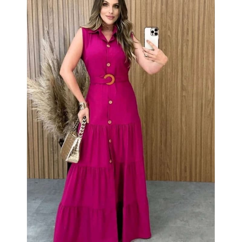 Vestido Longo em Duna Moda Evangélica Feminino com Cinto e Botões
