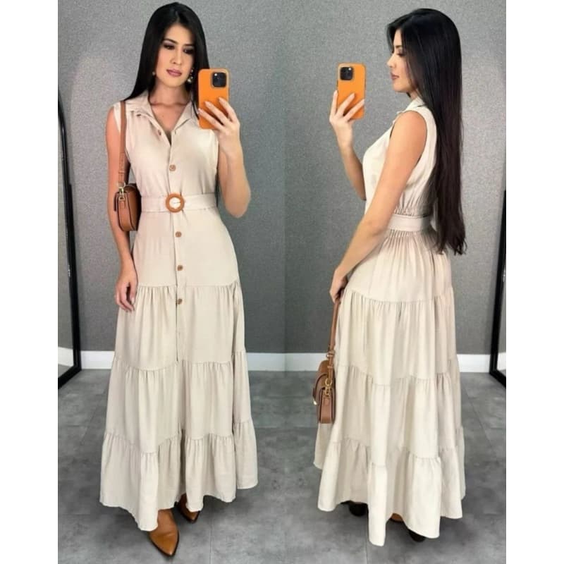 Vestido Longo Moda Evangélica Feminino com Cinto e Botões Duna