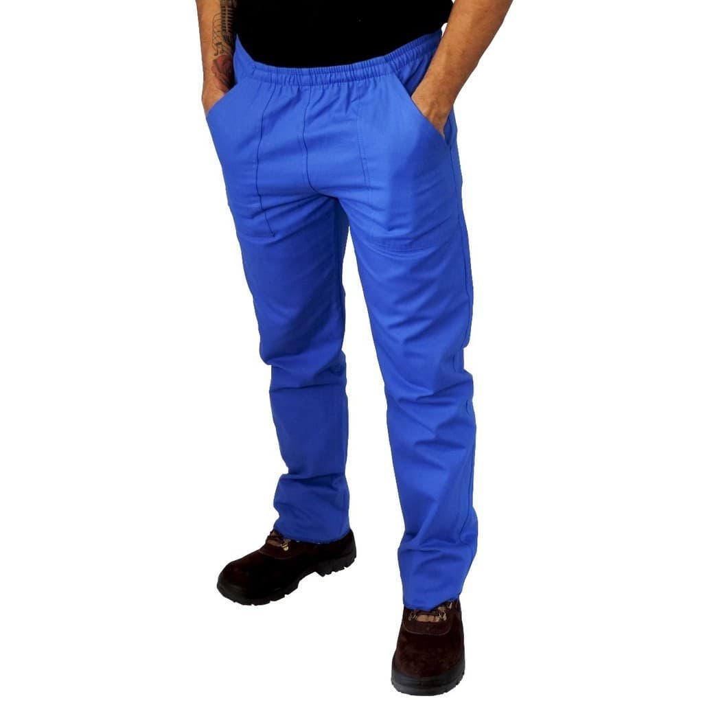 Calça em Brim Pesado 3 Bolsos com Elástico na Cintura Uniforme Profissional Azul Royal, Cinza e Branca 100% Algodão