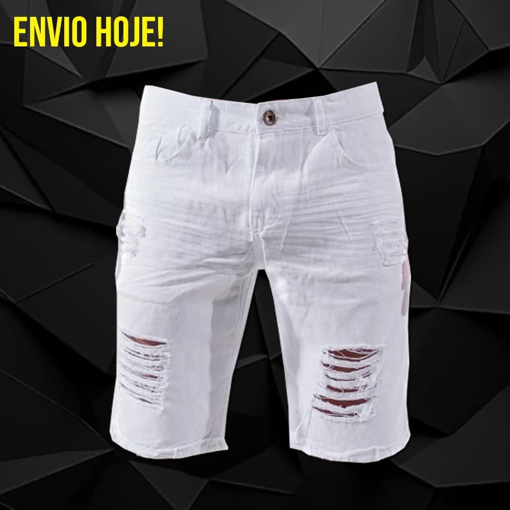 Bermuda Jeans Rasgada Desfiada de Alta Qualidade Short Branco Masculino Bermudas Masculinas Envio Já