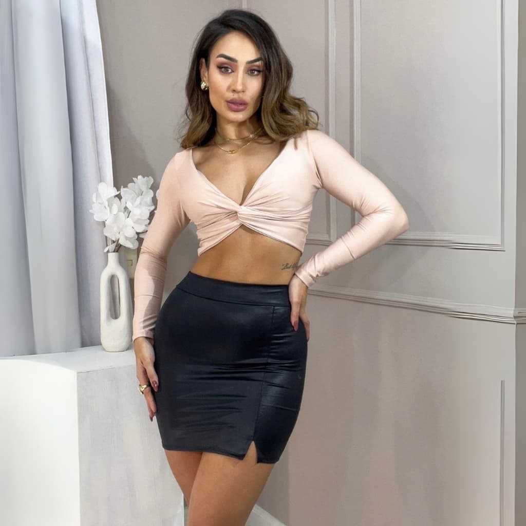 Mini Saia Cirrê Fenda Lateral Elegânte Todas Ocasiões Glamour Sensualidade