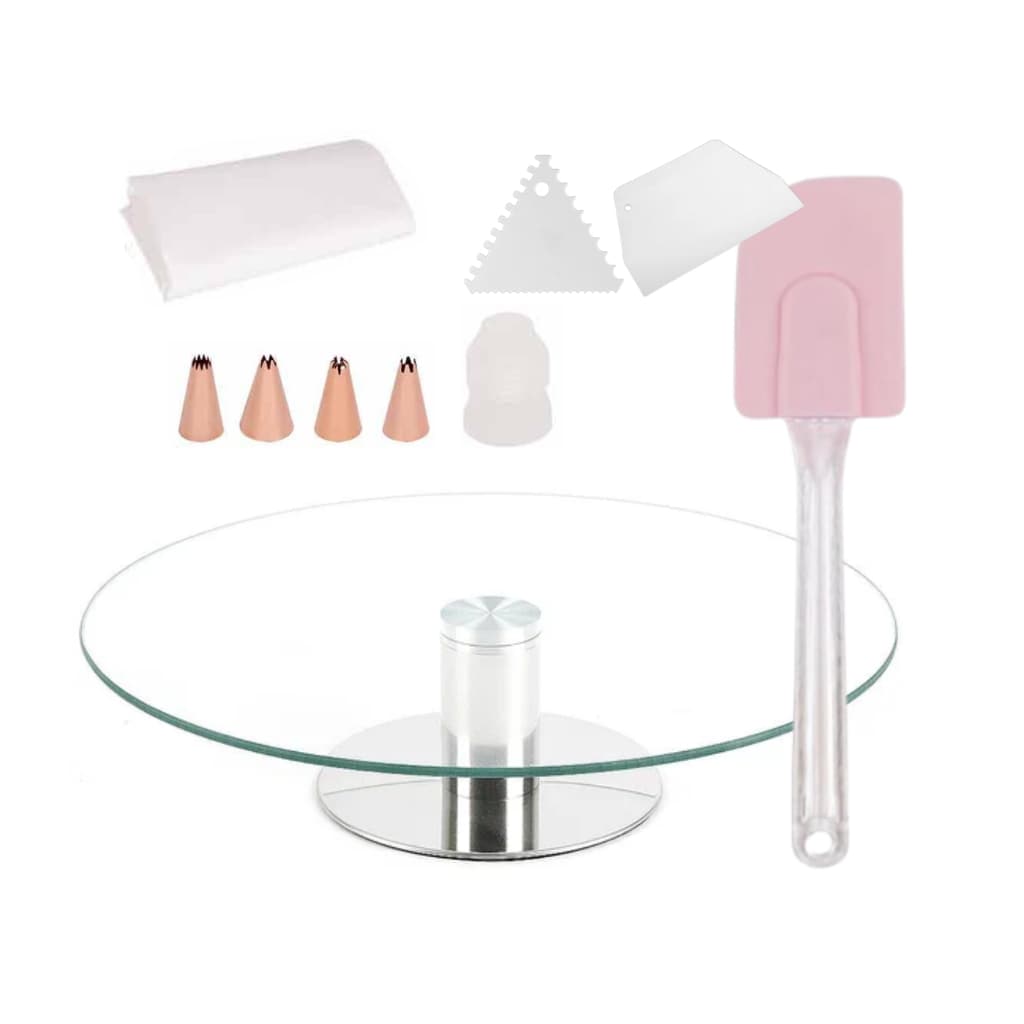 Kit Bailarina Giratória de Vidro 30cm com Espatulas, Pão Duro e Saco com Bico Para Confeitar Prato Giratório