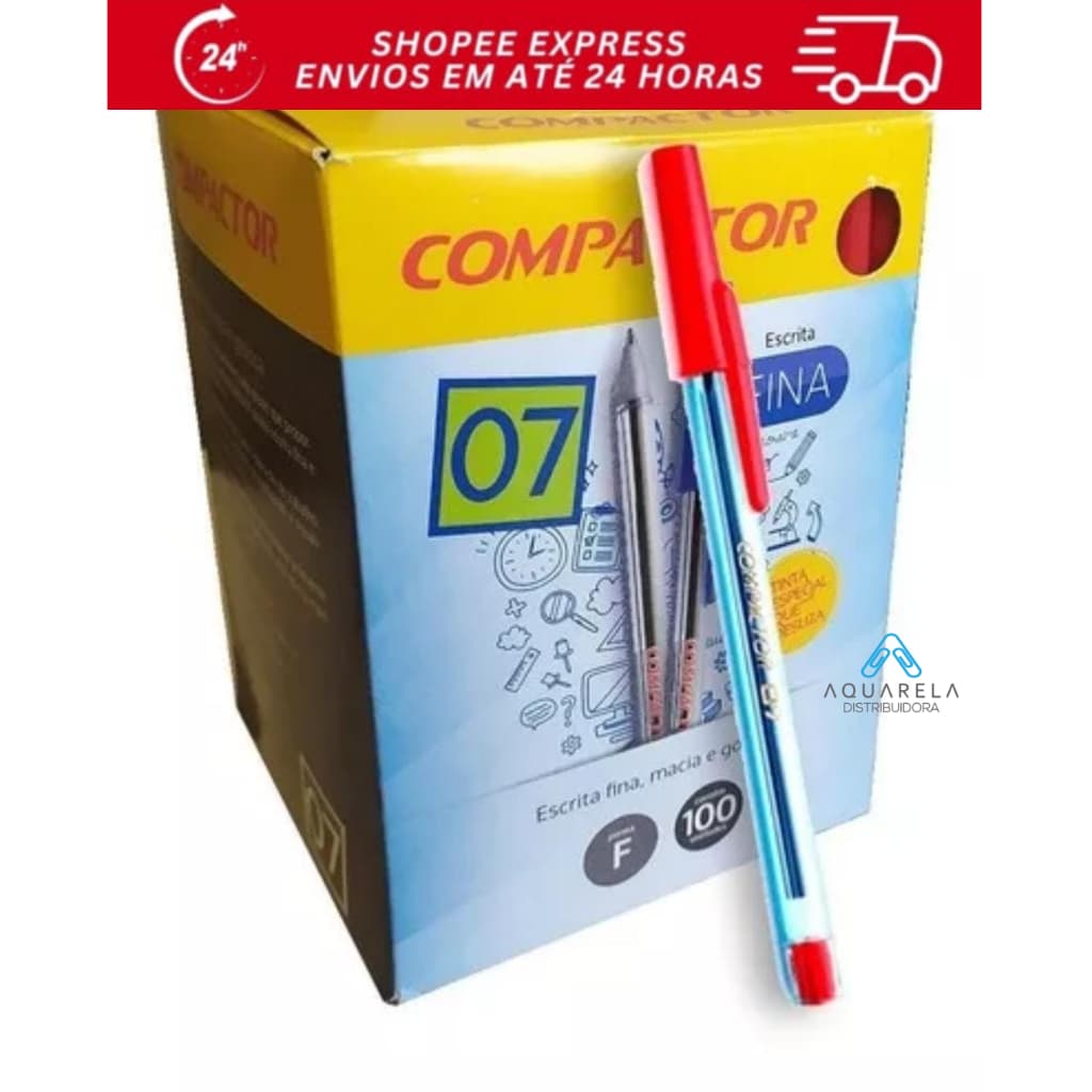 CANETA ESCRITA FINA 0.7 COMPACTOR VERMELHA CX C/100 UNIDADES