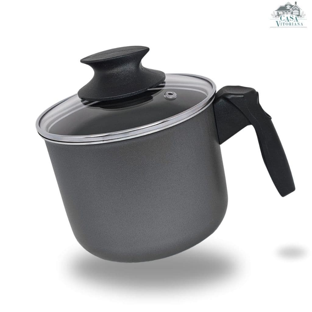 Caneco Leiteira Fervedor 14 cm Antiaderente com Tampa de Vidro Cor Preto Grafite