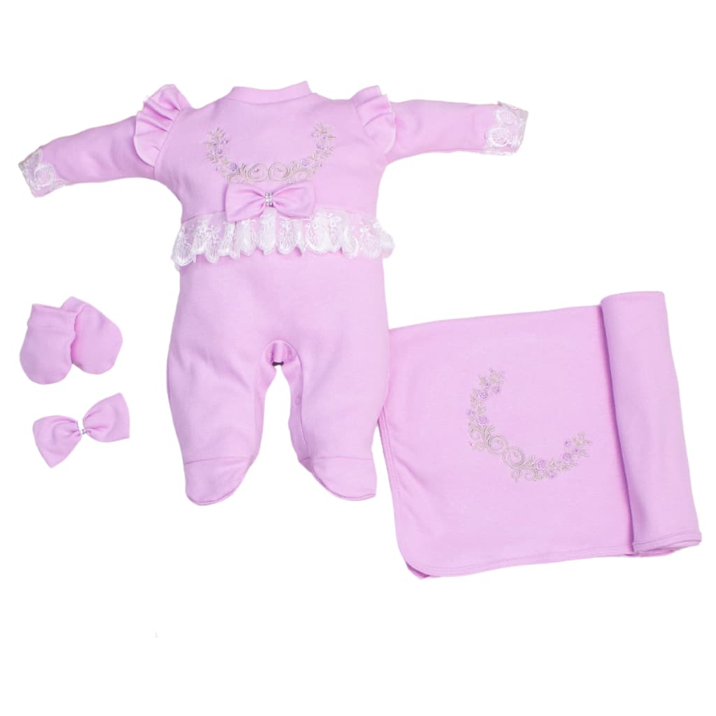 Saída Maternidade Menina Bebe Lilás Malha Suedine 100% Algodão Detalhes em Renda Roupas de Bebê Luxo