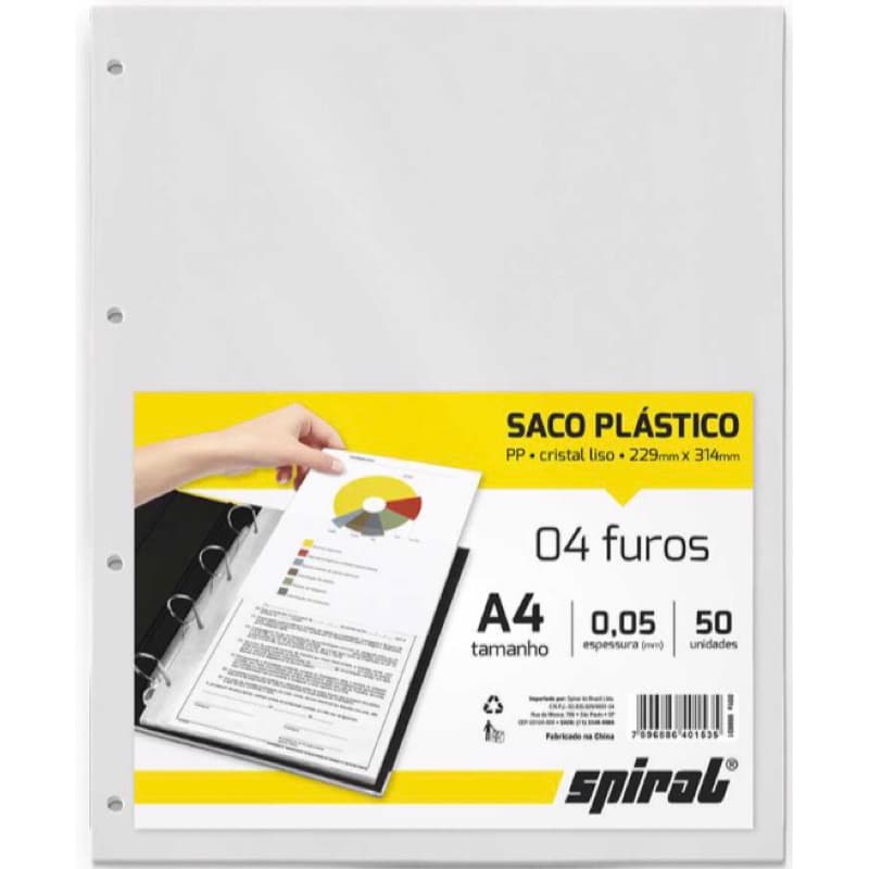 Saco Plástico PP A4 4 Furos 0,05mm com 50 Unidades
