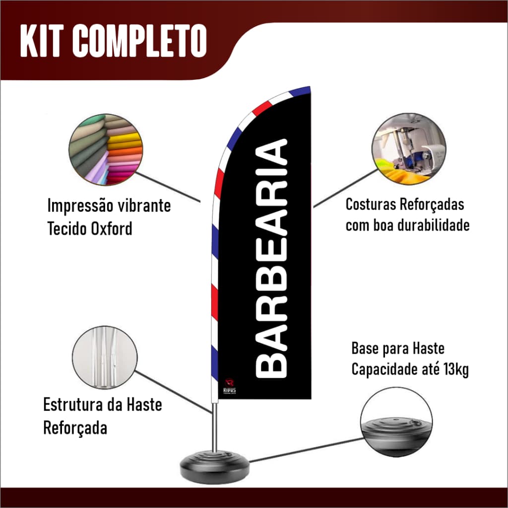 BARBEARIA Wind Banner Bandeira Dupla face - kit completo Haste, Base e Bandeira BARBEARIA