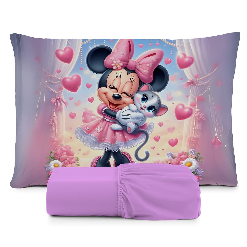 JOGO DE LENÇOL SOLTEIRO INFANTIL MINNIE FRONHA TRAVESSEIRO, LENÇOL DE ELASTICO  PINK ROSA