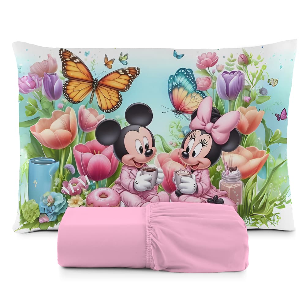 JOGO DE LENÇOL SOLTEIRO INFANTIL MINNIE E MICKEY PICNIC FRONHA TRAVESSEIRO, LENÇOL DE ELASTICO