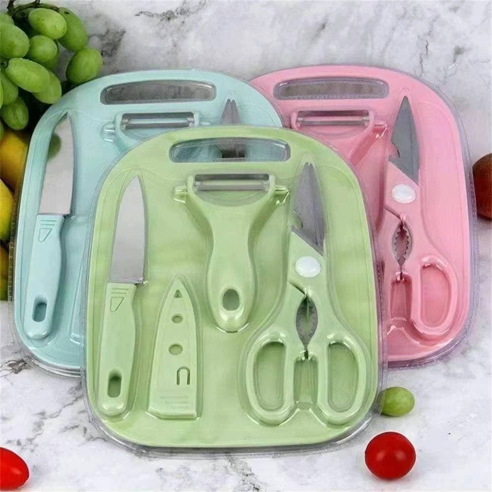 Kit Descascador Fatiador Inox Legumes Frutas Dupla Lâmina tesoura inox tabua de corte mais faca