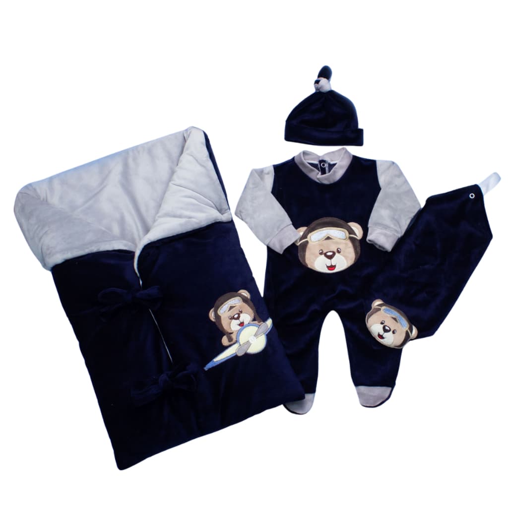 Saída Maternidade Menino Ursinho Aviador Plush Quentinho com Saco de Dormir Roupas de Bebê 04 Peças