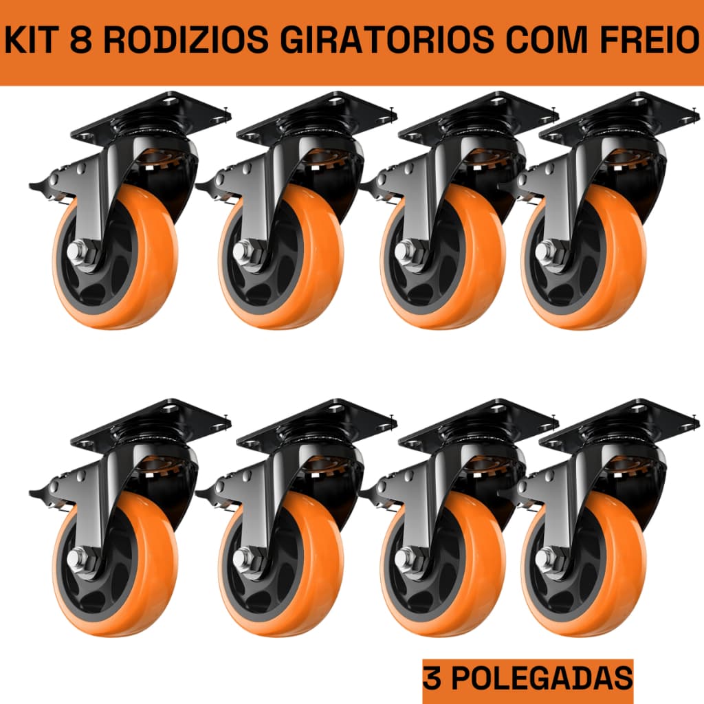 Kit 8 Rodizio 3 Polegada 10cm Base Giratória Com Freio e Trava Silenciosa Reforçada Super Resistente