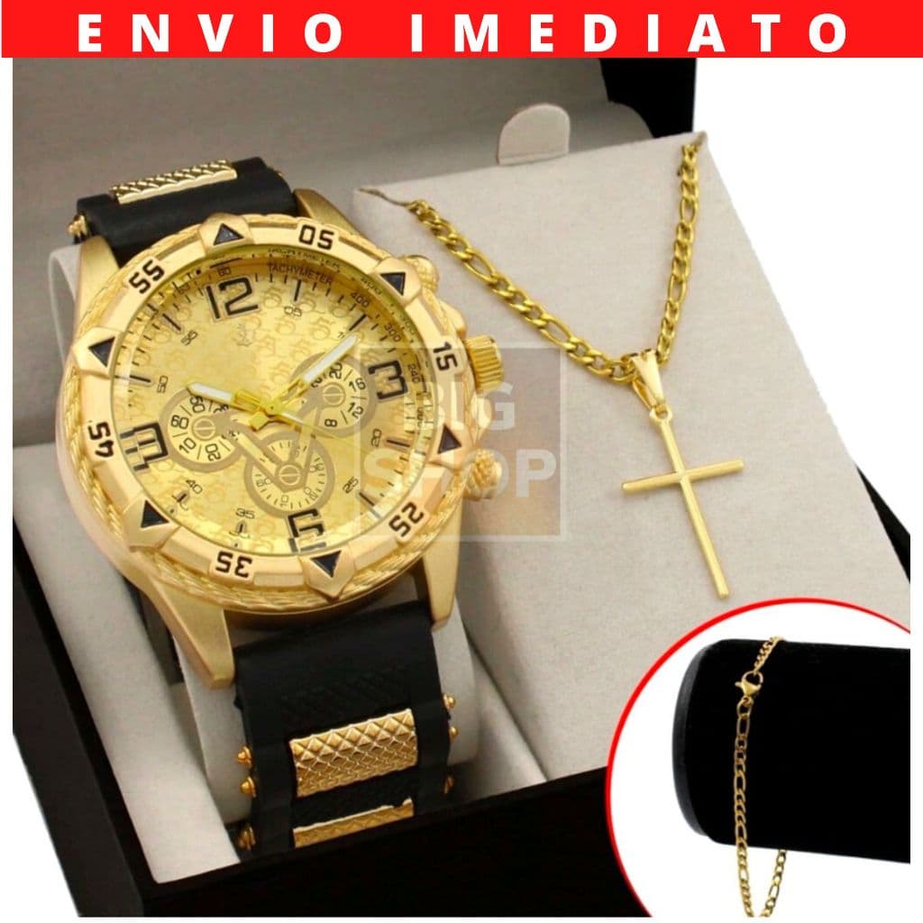 Kit Relógio Masculino Silicone + Pulseira Ouro Prata + Colar Cruz Estilo e Elegância