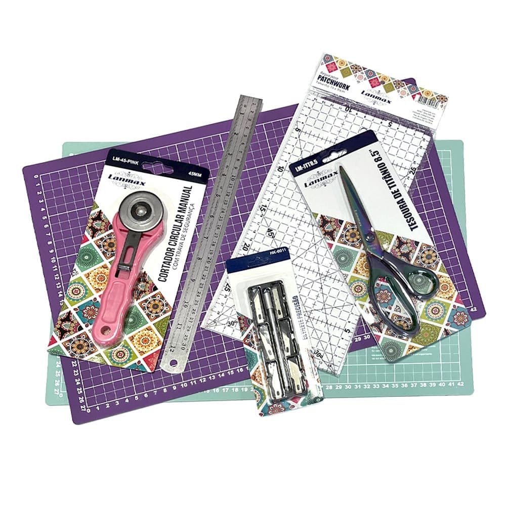 Kit Base de Corte A3 Completo Patchwork Artesanato Tesoura Titânio Cortador Circular Estilete Régua