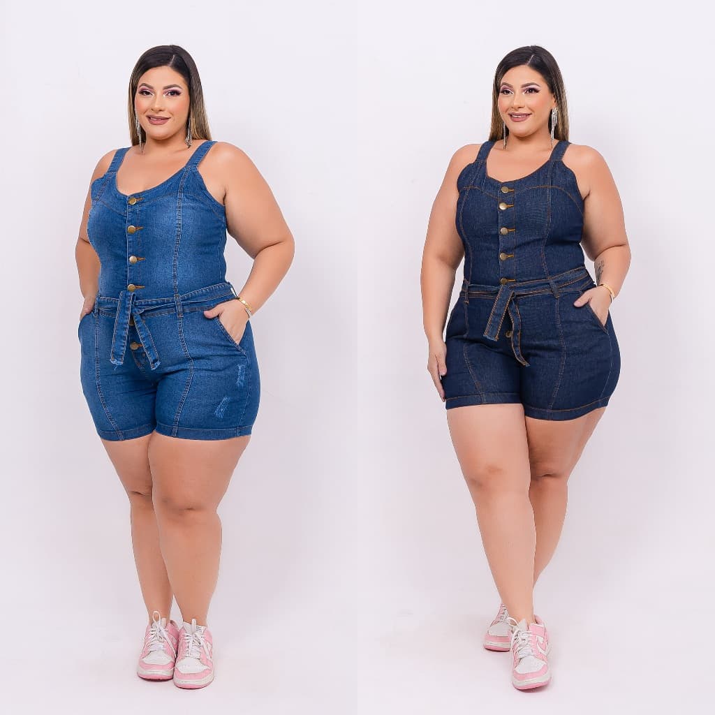 Kit 2 Jardineira Short Macaquinho Jeans Plus Size Feminina Lycra