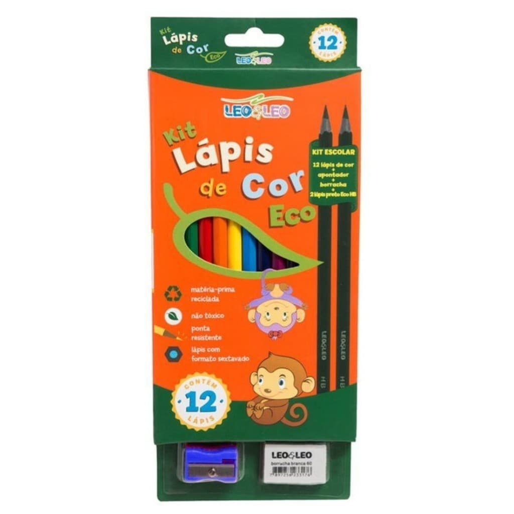 Kit Lapis De Cor Eco 12 Cores + 4 Peças - Lápis HB, Borracha e Apontador