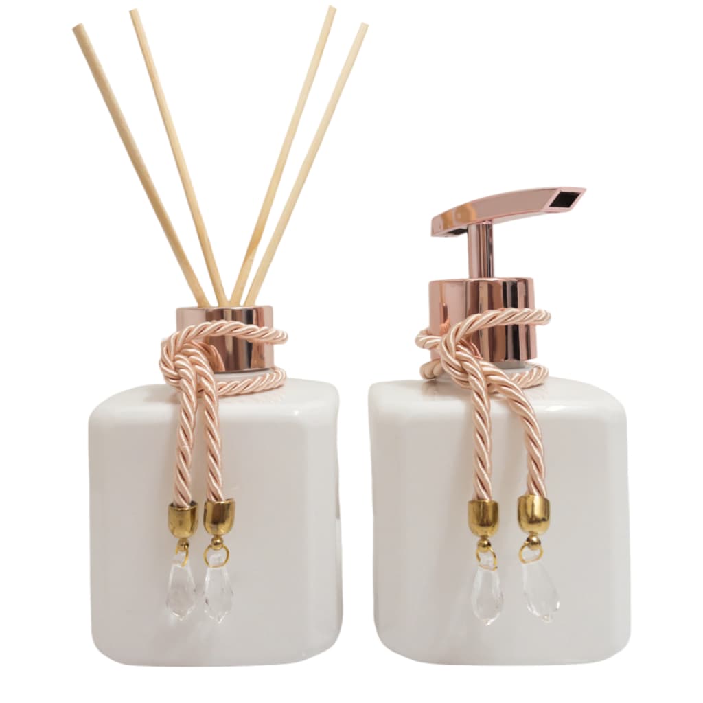 Banheiro Kit Frasco Plástico Branco Com Rose Gold Aromatizador de Ambiente e Saboneteira Lavabo