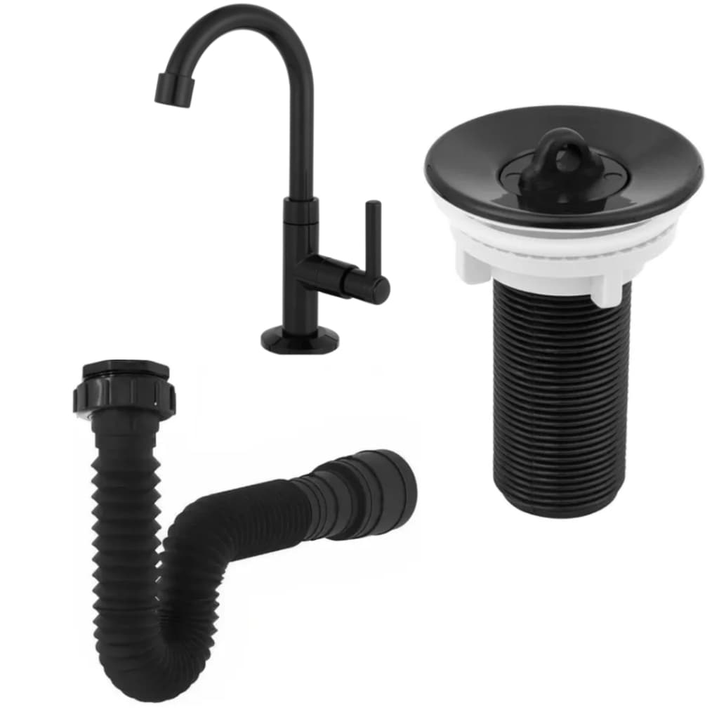 Kit Torneira Lavatorio Banheiro + Valvula + Sifão Flexível Cor Preto