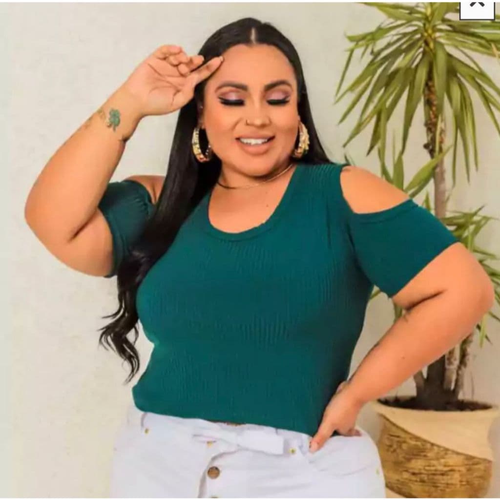 Cropped Feminino Plus Size Manga Recort Básico Todas As Cores Canelado
