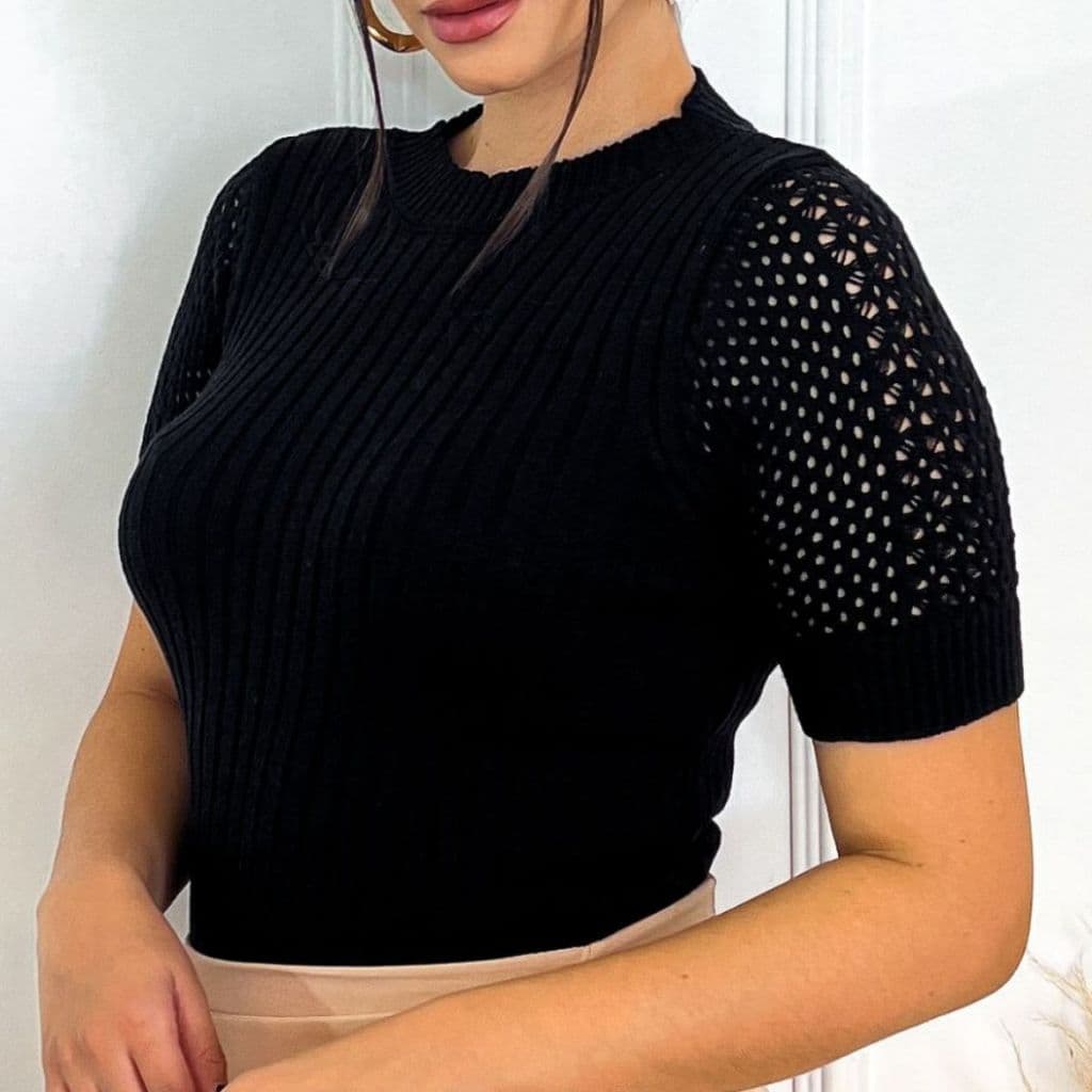Blusa Feminina Blusinha de Modal Tricô Manga Curta Rendada Cropped Tricot Camiseta T-Shirt