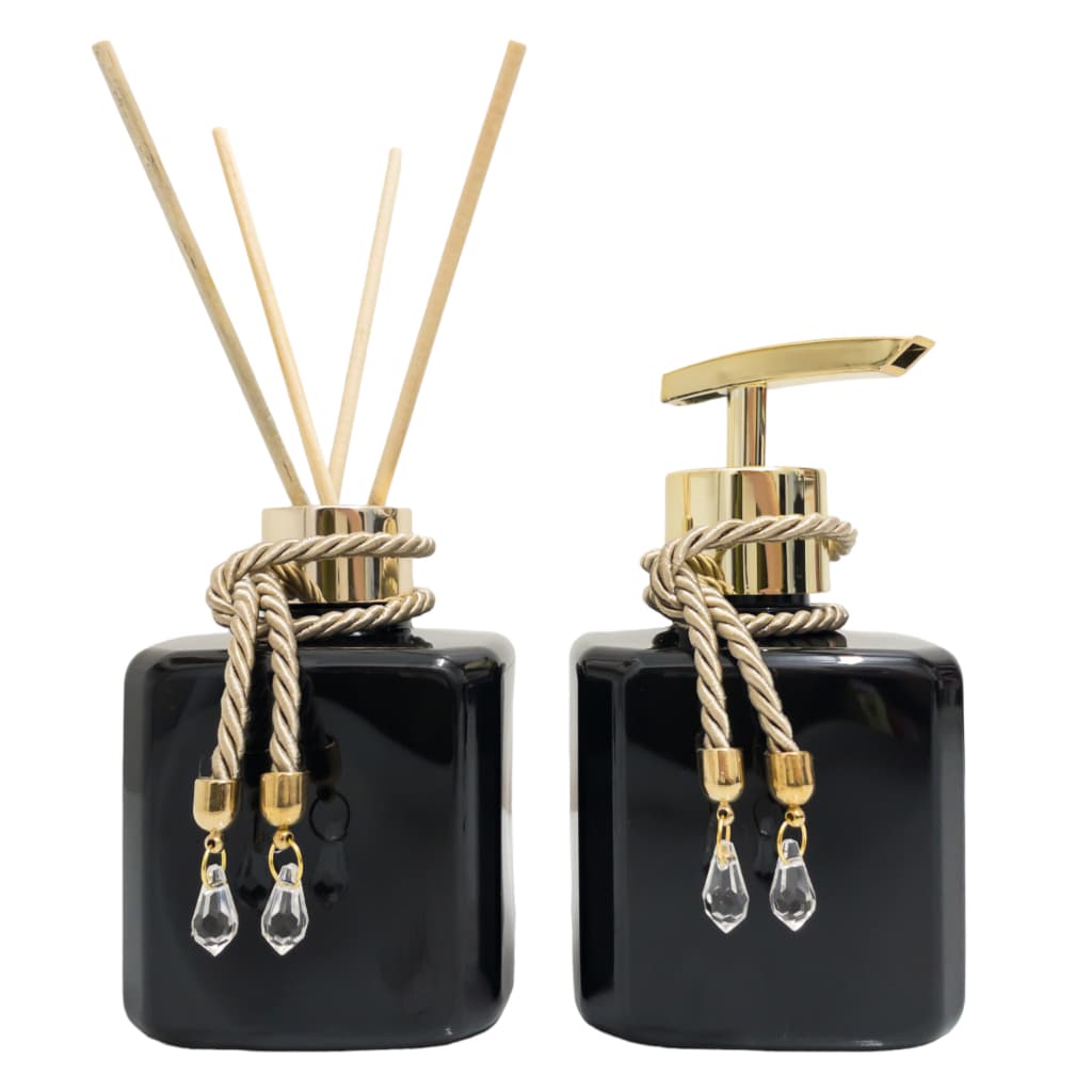 Banheiro Kit Frasco Plástico Preto Aromatizador de Ambiente e Saboneteira 300ml Com Enfeite Lavabo