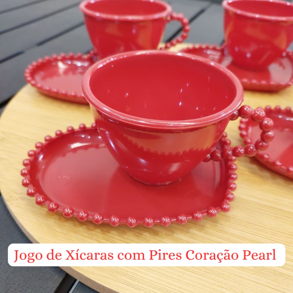JOGO DE XÍCARAS 150ML C/ PIRES CORAÇÃO PEARL ACRÍLICO VERMELHO C/24 PEÇAS 12 XÍCARAS E 12 PIRES DIA DAS MAES