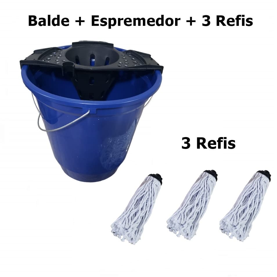 Kit 3 Refis Mop Esfregao Algodao + Balde 13 Litros 30cm Especial Limpeza + Espremedor