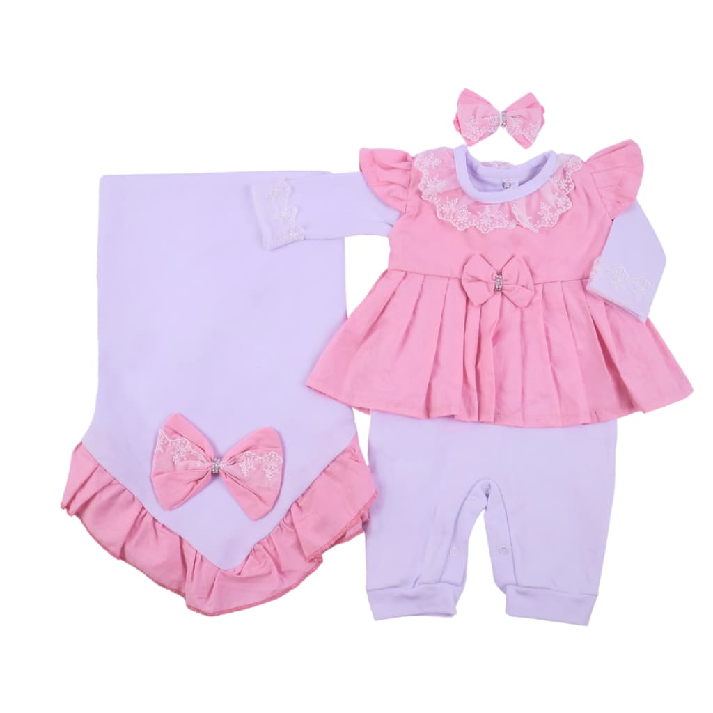 Saída de Maternidade Menina Luxo Zoe Rosa Vestido com Detalhes em Renda e Manta com Babado Algodão