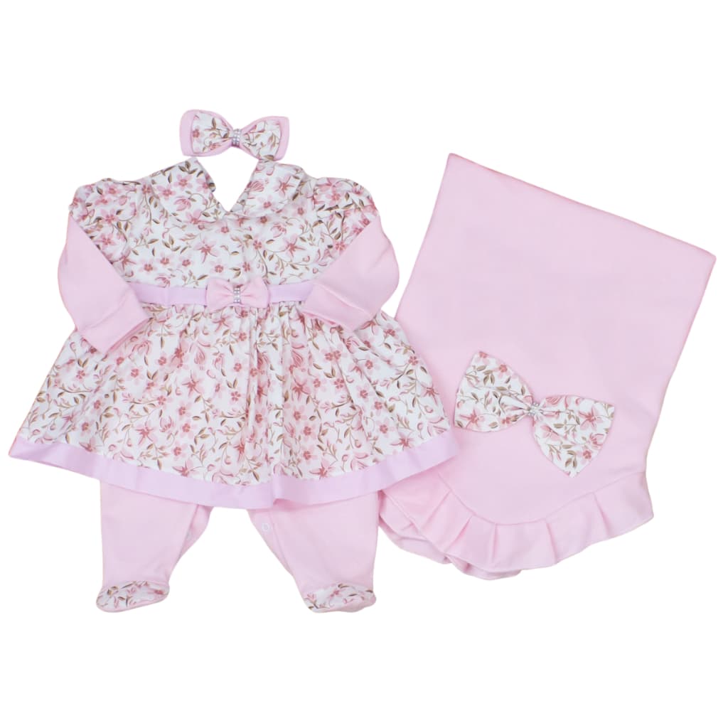 Saída Maternidade Menina com Vestido Floral Rosa em Malha 100% Algodão Elegante e Confortável