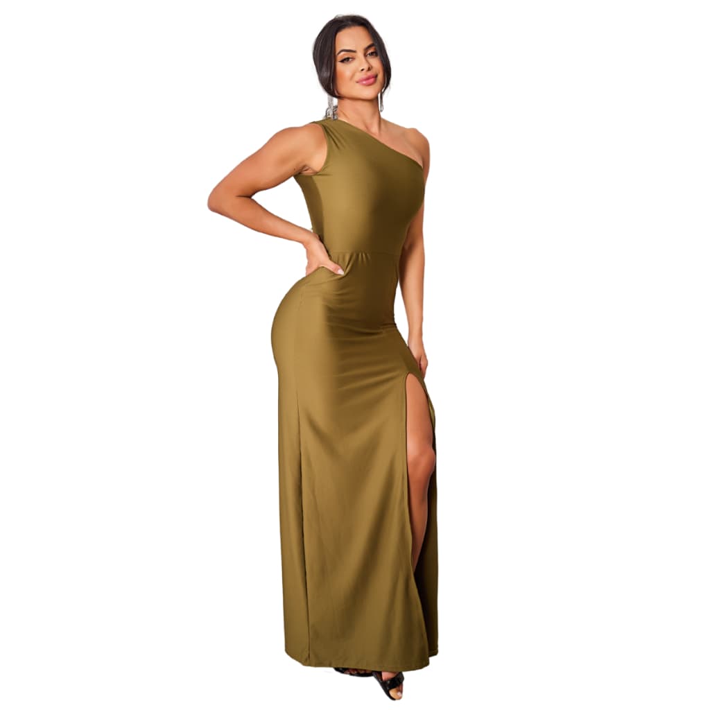 Vestido Gala Elegante Feminino Longo Alça Assimétrica Elegante Charmoso Fenda Lateral