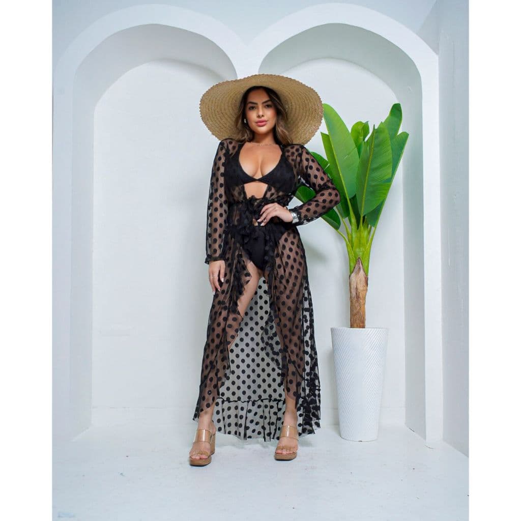 Kimono Longo Saida de Praia Bolinha Tule Elegante