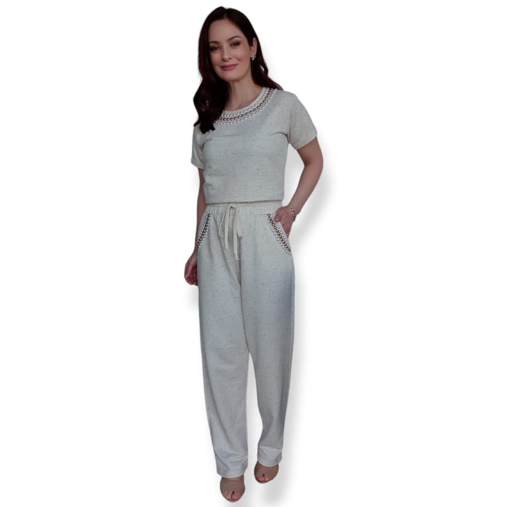 Conjunto Blusinha Calça Moletom Linho Botonê Pérola Moda Feminina Soltinha Casual Reta Larga Wide Leg Confortável