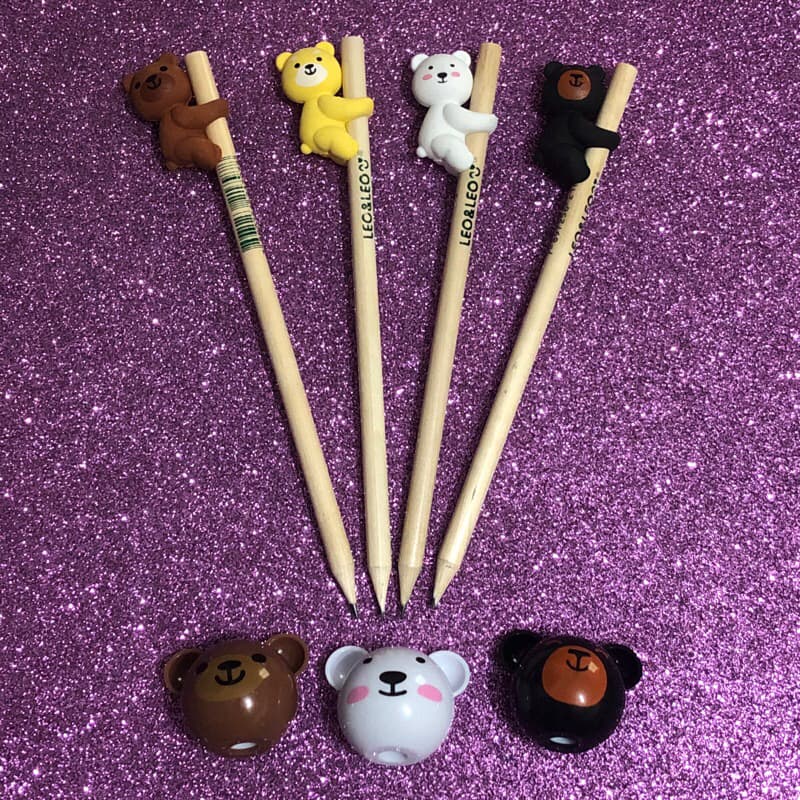 Lápis preto de escrever com borracha Urso Ursinho com apontador fofo kawaii kit escolar