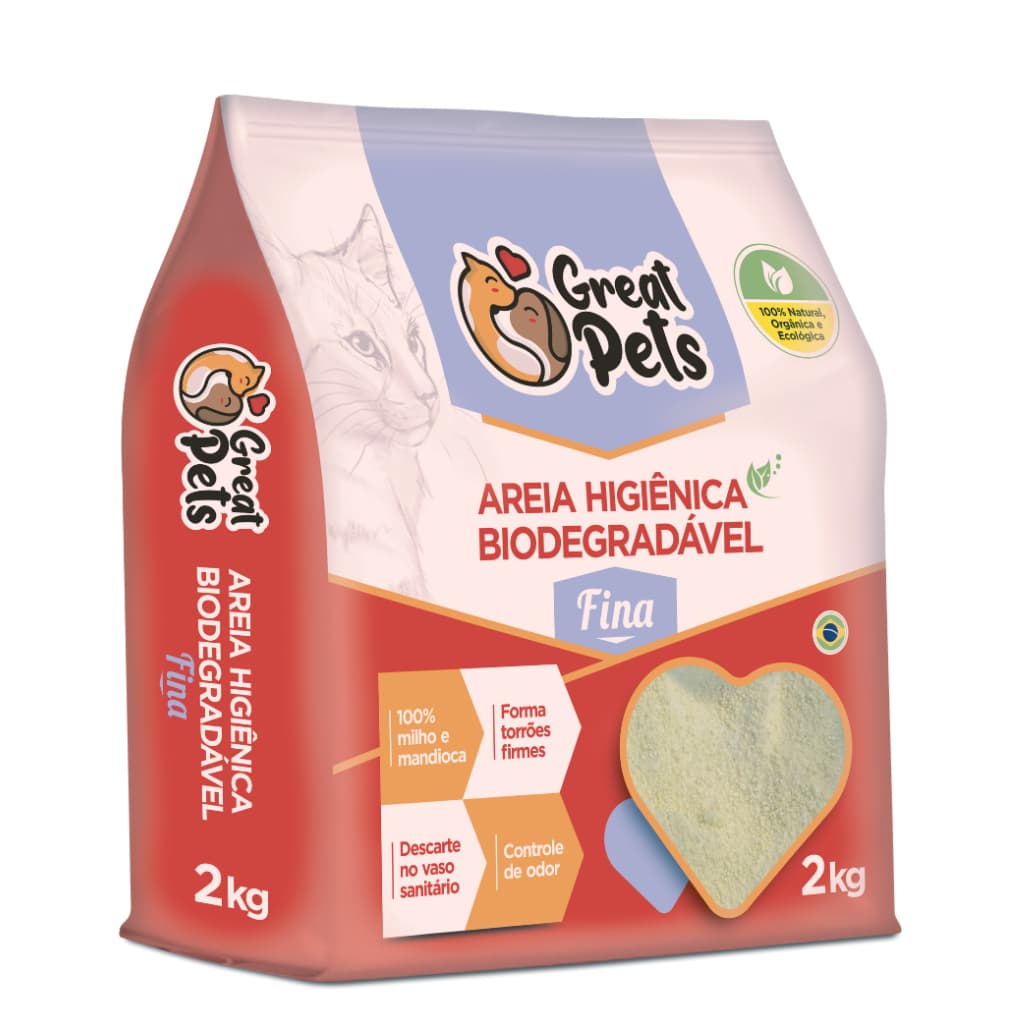Areia Higiênica Sanitária Para Gatos Biodegradavel Mandioca Milho Fina Grossa 2kg - Great Pets